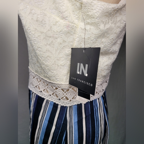 NWT I.N. Blue White Stripe Sleeveless Lace Bodice Wide Leg Jumpsuit, Sz 11 - Picture 9 of 15